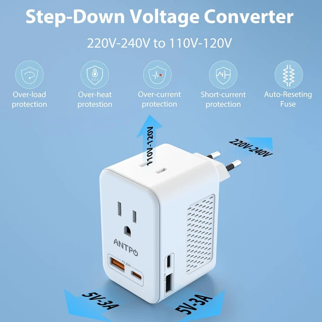 Alt view image 2 of 6 - ANTPO 220V to 110V Voltage Converter US to Europe with 2 USB Port 2 USB C PD 20W,2 AC Outlets Travel Converter for European Travel Power Adapter Combo for Germany France Italy Spain (White)