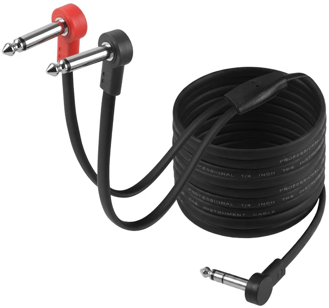 Main image of 1/4" TRS Stereo to Dual 1/4" TS Y-Splitter Insert Cable - 10 ft 6.35mm Right Angle Male to Male Audio Cord for Amplifiers, Mixers, Studio Equipment