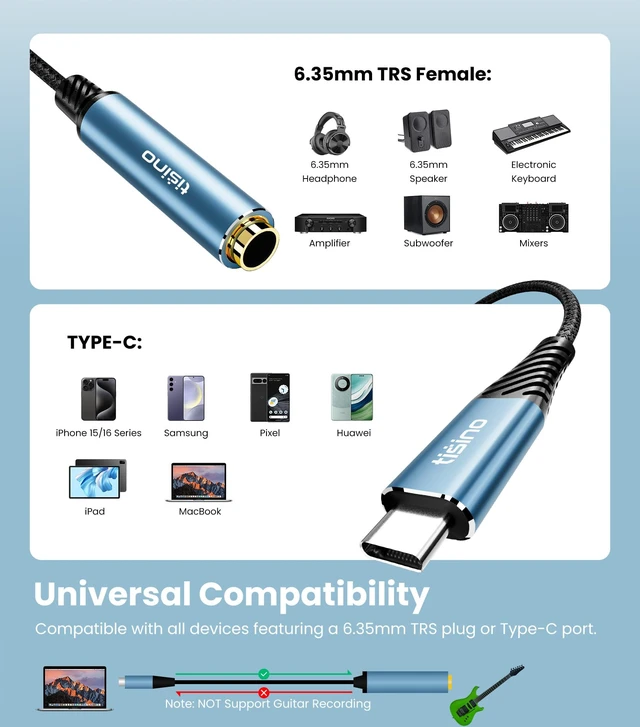 Alt view image 3 of 7 - USB C to 1/4" Headphone Adapter-20cm, 384kHz/32bit USB C to 6.35mm TRS Stereo Jack Adapter Cable for Samrtphone, Laptop, Amplifiers, Mixers, Home Theater, 6.35mm Headphones-20cm (Pack of 2)
