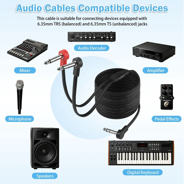 Alt view image 6 of 7 - 1/4" TRS Stereo to Dual 1/4" TS Y-Splitter Insert Cable - 10 ft 6.35mm Right Angle Male to Male Audio Cord for Amplifiers, Mixers, Studio Equipment