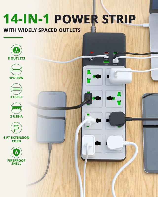 Alt view image 2 of 6 - 8 Outlet Power Strip with 2 USB-A & 4 USB-C Ports, 35W PD Fast Charging, 6FT 45° Flat Plug Extension Cord, Wide Spacing AC Outlets, 110-265V 3000W, for Home Office Travel