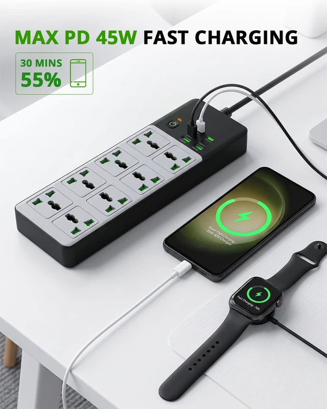 Alt view image 4 of 6 - 8 Outlet Power Strip with 2 USB-A & 4 USB-C Ports, 35W PD Fast Charging, 6FT 45° Flat Plug Extension Cord, Wide Spacing AC Outlets, 110-265V 3000W, for Home Office Travel