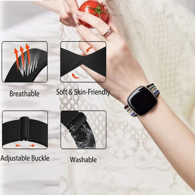 Alt view image 2 of 6 - 6 Packs Elastic Nylon Bands Compatible with Fitbit Versa 4 / Fitbit Sense 2 / Fitbit Versa 3 / Fitbit Sense, Adjustable Nylon Replacement Straps Wristband for Fitbit Versa 3/4 for Women Men