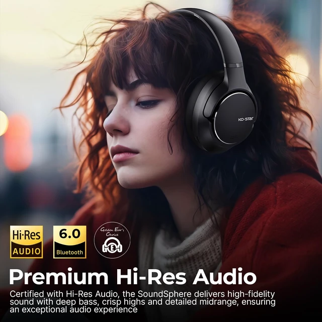 Alt view image 2 of 7 - Wireless Hybrid Active Noise Cancelling Headphones, HiFi Over Ear Headsets Hi-Res Audio, Bluetooth 6.0, 60H Playtime, ANC, Spatial Audio, Head-tracking, Foldable, App, Travel, Work, Home, Gaming