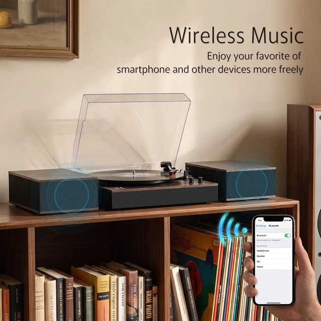 Alt view image 2 of 7 - Bluetooth Record Player Turntable HiFi System with Bookshelf Speakers 3-Speed Belt-Drive Vinyl Turntable for Vinyl Records with Wireless Playback and Auto-Stop