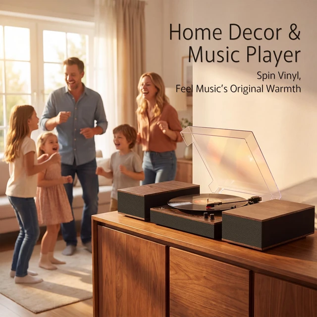 Alt view image 6 of 7 - Bluetooth Record Player Turntable HiFi System with Bookshelf Speakers 3-Speed Belt-Drive Vinyl Turntable for Vinyl Records with Wireless Playback and Auto-Stop
