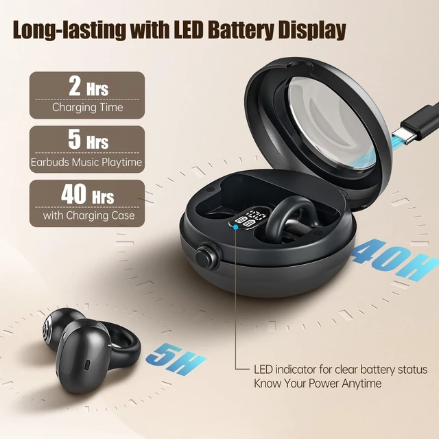 Alt view image 4 of 7 - Open Ear Headphones, Bluetooth 5.4 Clip On Headphones, 40H Playtime Wireless Stereo Earbuds with LED Digital Display, Lightweight Stylish Open Earphones for Daily Use, Commuting and Travel Relax