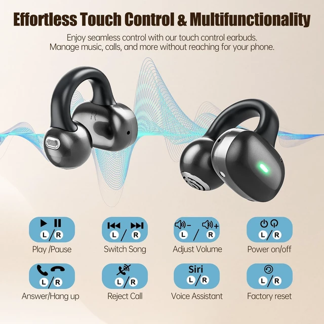 Alt view image 5 of 7 - Open Ear Headphones, Bluetooth 5.4 Clip On Headphones, 40H Playtime Wireless Stereo Earbuds with LED Digital Display, Lightweight Stylish Open Earphones for Daily Use, Commuting and Travel Relax