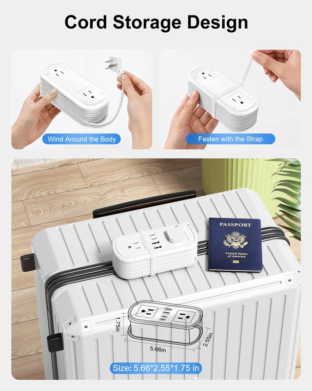 Alt view image 2 of 7 - 8 in 1 Travel Power Strip with USB C Ports - 4.9FT Wrap-Around Extension Cord, Compact Power Strip with 2 A & 2 C & 4 AC Ports for Multiple Devices for Travel/Dorm/Office, Travel Essentials (1 Pack)