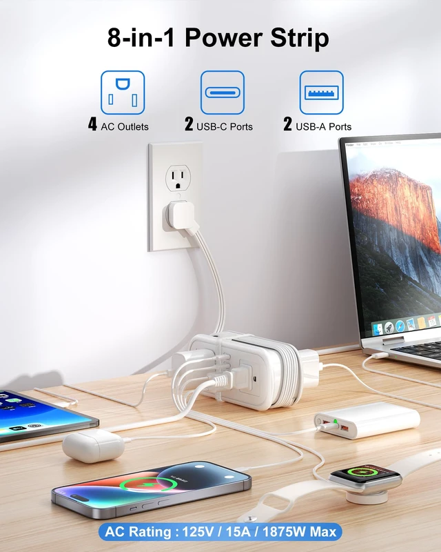 Alt view image 3 of 7 - 8 in 1 Travel Power Strip with USB C Ports - 4.9FT Wrap-Around Extension Cord, Compact Power Strip with 2 A & 2 C & 4 AC Ports for Multiple Devices for Travel/Dorm/Office, Travel Essentials (1 Pack)