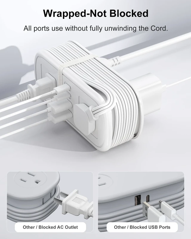 Alt view image 5 of 7 - 8 in 1 Travel Power Strip with USB C Ports - 4.9FT Wrap-Around Extension Cord, Compact Power Strip with 2 A & 2 C & 4 AC Ports for Multiple Devices for Travel/Dorm/Office, Travel Essentials (1 Pack)