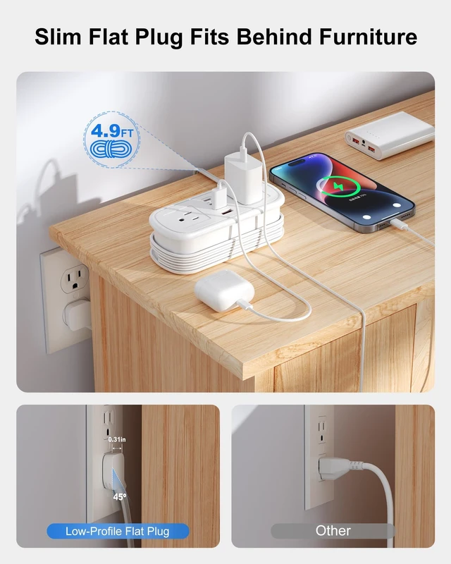 Alt view image 6 of 7 - 8 in 1 Travel Power Strip with USB C Ports - 4.9FT Wrap-Around Extension Cord, Compact Power Strip with 2 A & 2 C & 4 AC Ports for Multiple Devices for Travel/Dorm/Office, Travel Essentials (1 Pack)