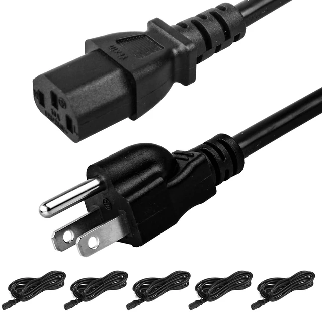 Main image of 5 Pack 3-Prong Replacement Computer Power Cord 10FT AC Power Cord Cable for Electronics, TV, Computer, Printer, Radio, Monitor, Samsung, Dell, Vizio, LG, Asus, Laptop and More, 18 AWG 125 V