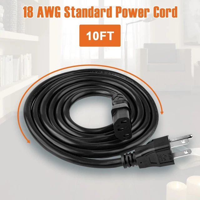 Alt view image 2 of 6 - 5 Pack 3-Prong Replacement Computer Power Cord 10FT AC Power Cord Cable for Electronics, TV, Computer, Printer, Radio, Monitor, Samsung, Dell, Vizio, LG, Asus, Laptop and More, 18 AWG 125 V