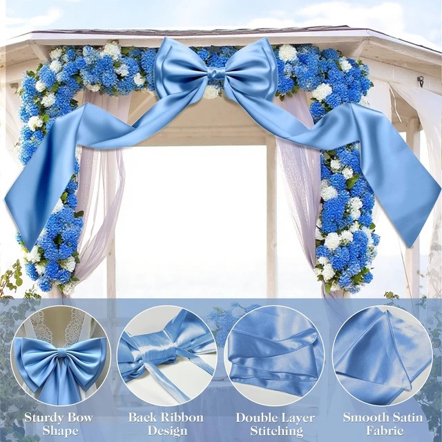 Alt view image 4 of 7 - Giant Bow Decor, 83x20 Inches Blue Big Bow for Backdrop with Back Ribbon Satin Fabric, Double Sturdy Bow Shape,Strap Design, for Birthday Party Room Wedding Baby Shower Decorations
