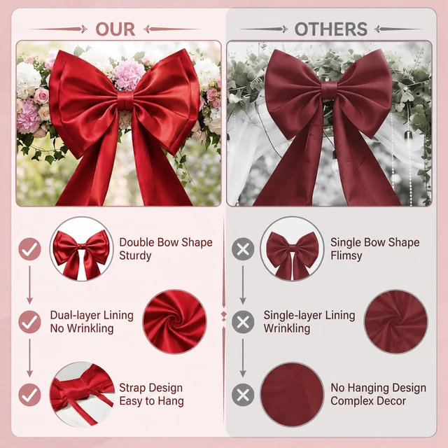 Alt view image 6 of 7 - Giant Bow Decor, 83x20 Inches Red Big Bow for Backdrop with Back Ribbon Satin Fabric, Double Sturdy Bow Shape, Strap Design, for Birthday Party Room Wedding Baby Shower Decorations