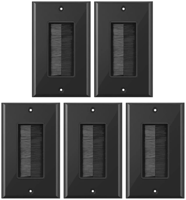 Main image of Black Brush Wall Plate, 5 Pack Single Gang Wall Cable Management Solution, Brush Style Opening Passthrough Cable Plate for TVs/AV/HDMI