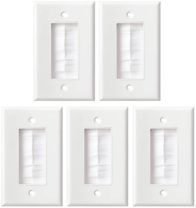 Main image of Brush Wall Plate, Single Gang Brush Style Opening Passthrough Cable Plate in-Wall for Wall Mounted TVs, Speaker Wires, Coaxial HDMI Network Phone Cables(5 Pack, White)