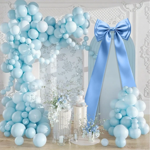 Alt view image 7 of 7 - Giant Bow Decor, 83x20 Inches Blue Big Bow for Backdrop with Back Ribbon Satin Fabric, Double Sturdy Bow Shape,Strap Design, for Birthday Party Room Wedding Baby Shower Decorations