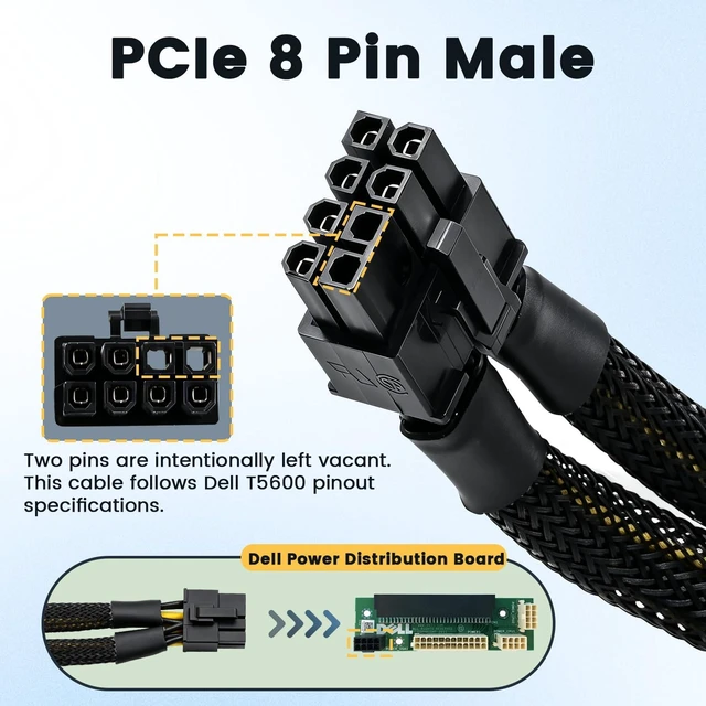 Alt view image 2 of 7 - GPU Power Cable for Dell T3600 T3610 T5600 T5610 T5610 T7600 T7610 5810 T5810 T7810, 8 Pin PCIe to Dual 8 Pin(6+2) Male PCIe Power Adapter 13-inch(34cm)