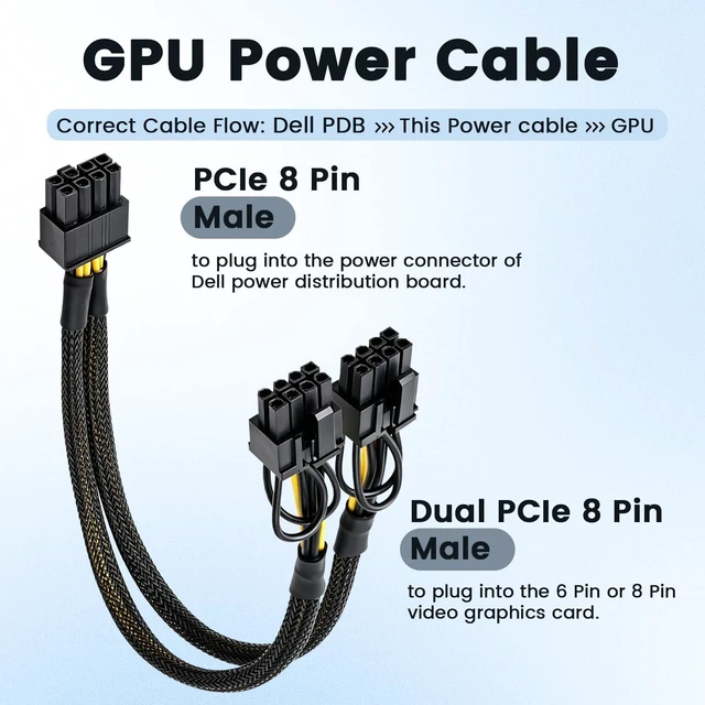 Alt view image 4 of 7 - GPU Power Cable for Dell T3600 T3610 T5600 T5610 T5610 T7600 T7610 5810 T5810 T7810, 8 Pin PCIe to Dual 8 Pin(6+2) Male PCIe Power Adapter 13-inch(34cm)