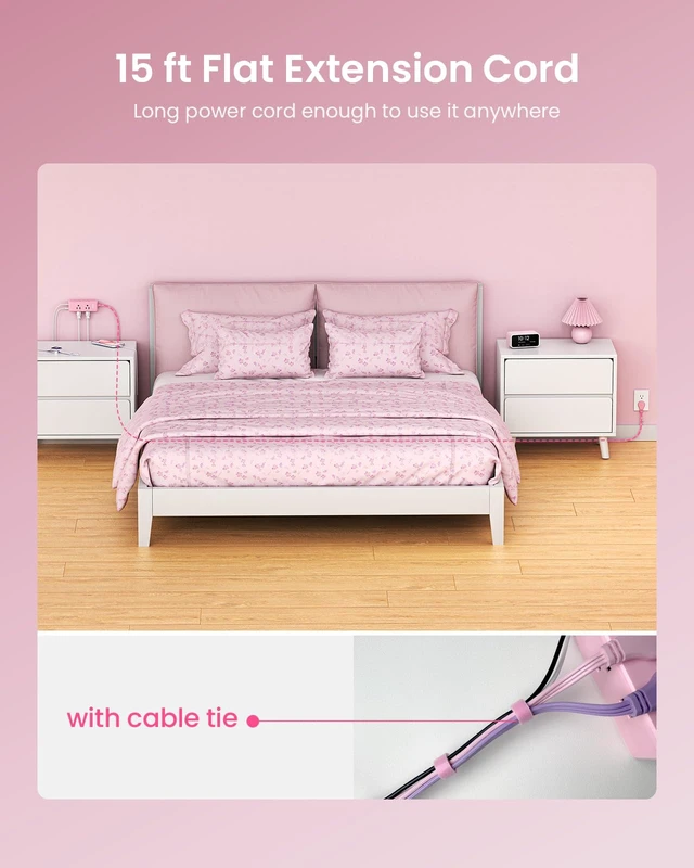 Alt view image 2 of 7 - Pink Extension Cord 15 ft, Power Strip Long Cord,6 Outlets & 3 USB Ports (1 USB-C), Cute,Wall Mount for Home Office Dorm Desk Accessories