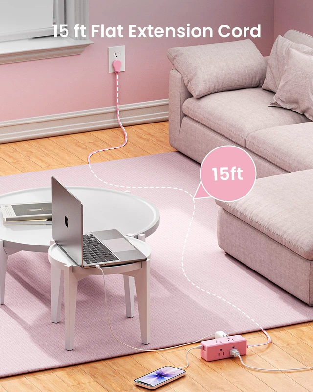 Alt view image 3 of 7 - Pink Extension Cord 15 ft, Power Strip Long Cord,6 Outlets & 3 USB Ports (1 USB-C), Cute,Wall Mount for Home Office Dorm Desk Accessories