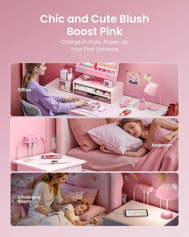 Alt view image 5 of 7 - Pink Extension Cord 15 ft, Power Strip Long Cord,6 Outlets & 3 USB Ports (1 USB-C), Cute,Wall Mount for Home Office Dorm Desk Accessories