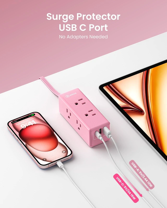 Alt view image 6 of 7 - Pink Extension Cord 15 ft, Power Strip Long Cord,6 Outlets & 3 USB Ports (1 USB-C), Cute,Wall Mount for Home Office Dorm Desk Accessories