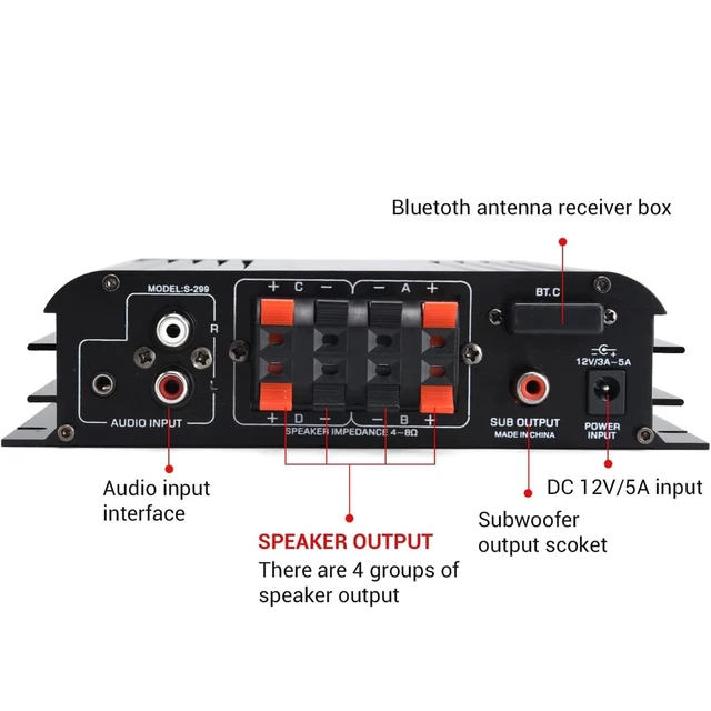 Alt view image 3 of 7 - S299 Max 800W Bluetooth Home Audio Amplifier, RMS 40Wx4 4.1CH Bluetooth Power Amplifier with Active Subwoofer, Sound Audio System w/AUX, Headphone Jack, USB, SD, Remote Control