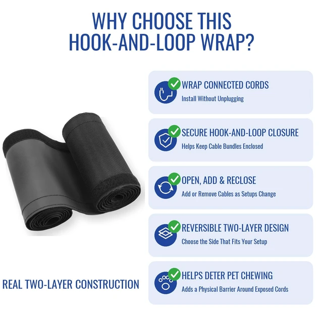 Alt view image 2 of 7 - 1" - 6.6Ft Hook and Loop Cable Sleeve, Wire Protector for Pets Flexible braided wire cover; Reversible split wrap; Cord management for TV, USB, audio, PC; Helps deter cat chewing; Black