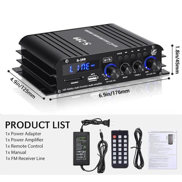 Alt view image 6 of 7 - S299 Max 800W Bluetooth Home Audio Amplifier, RMS 40Wx4 4.1CH Bluetooth Power Amplifier with Active Subwoofer, Sound Audio System w/AUX, Headphone Jack, USB, SD, Remote Control