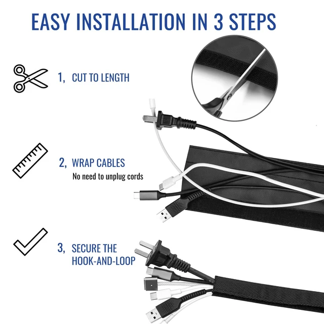 Alt view image 4 of 7 - 1" - 6.6Ft Hook and Loop Cable Sleeve, Wire Protector for Pets Flexible braided wire cover; Reversible split wrap; Cord management for TV, USB, audio, PC; Helps deter cat chewing; Black