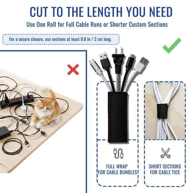 Alt view image 5 of 7 - 1" - 6.6Ft Hook and Loop Cable Sleeve, Wire Protector for Pets Flexible braided wire cover; Reversible split wrap; Cord management for TV, USB, audio, PC; Helps deter cat chewing; Black