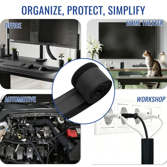 Alt view image 7 of 7 - 1" - 6.6Ft Hook and Loop Cable Sleeve, Wire Protector for Pets Flexible braided wire cover; Reversible split wrap; Cord management for TV, USB, audio, PC; Helps deter cat chewing; Black