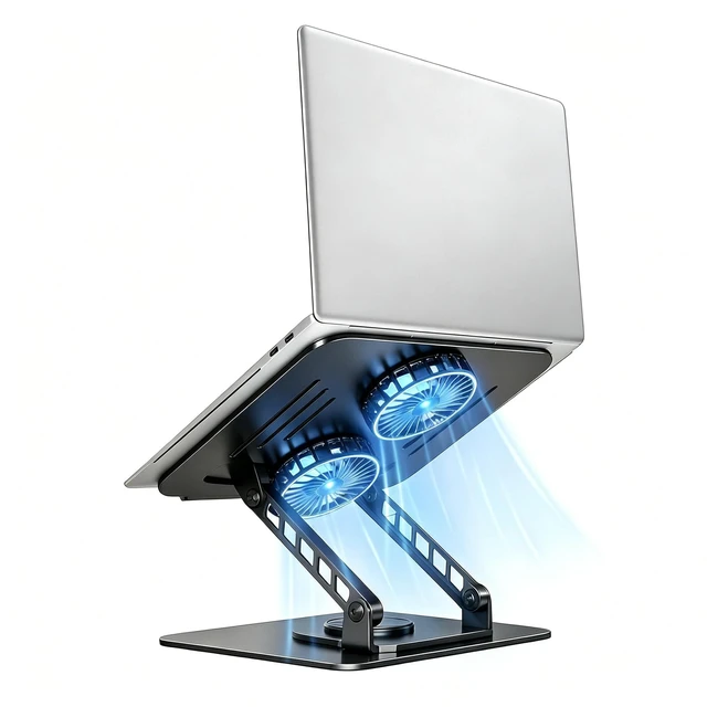 Main image of Laptop Stand with Cooling Fan, 360° Rotating Base Aluminum Laptop Riser, Foldable Ergonomic Computer Stand for Desk, Height Adjustable Notebook & All Laptops Up to 17.3" (Black)