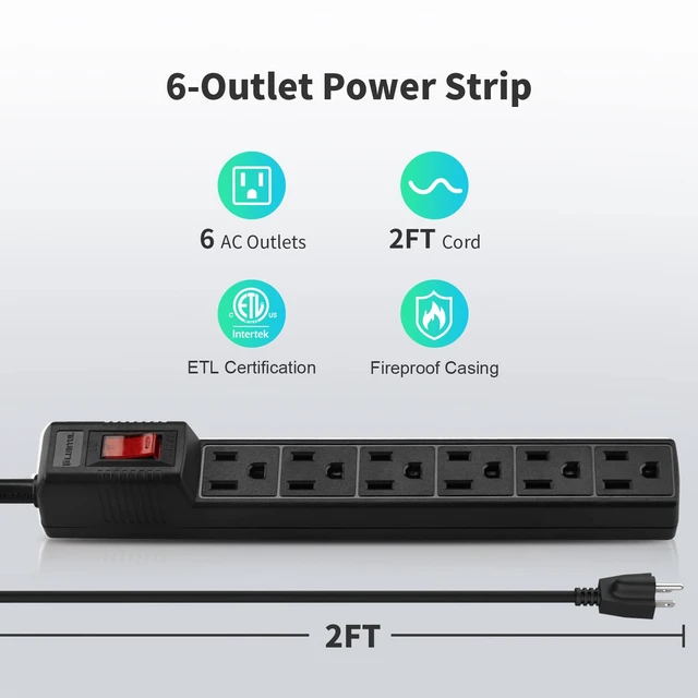 Alt view image 2 of 7 - Power Strip Surge Protector 2-Pack 6 Outlets & 2 Ft Extension Cord, 1875W/15A 90 Joules, Overload & Surge Protection, Wall Mount for Home, ETL Listed Black