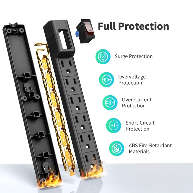 Alt view image 3 of 7 - Power Strip Surge Protector 2-Pack 6 Outlets & 2 Ft Extension Cord, 1875W/15A 90 Joules, Overload & Surge Protection, Wall Mount for Home, ETL Listed Black