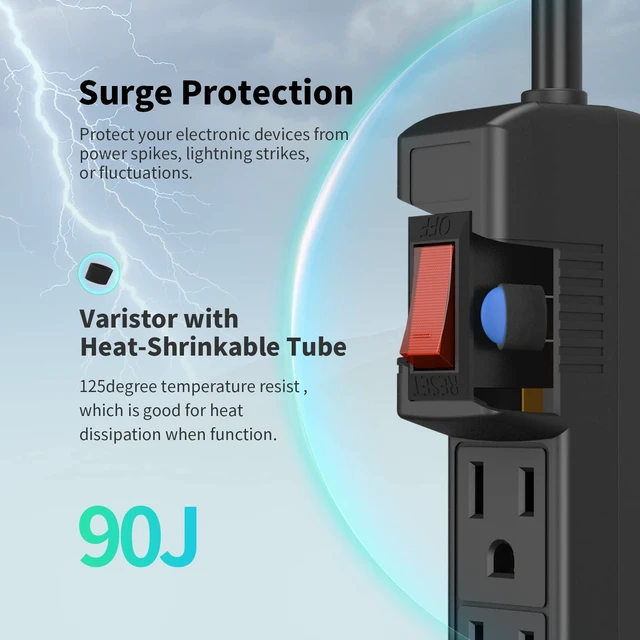 Alt view image 4 of 7 - Power Strip Surge Protector 2-Pack 6 Outlets & 2 Ft Extension Cord, 1875W/15A 90 Joules, Overload & Surge Protection, Wall Mount for Home, ETL Listed Black