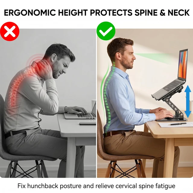 Alt view image 2 of 7 - Laptop Stand with Cooling Fan, 360° Rotating Base Aluminum Laptop Riser, Foldable Ergonomic Computer Stand for Desk, Height Adjustable Notebook & All Laptops Up to 17.3" (Black)