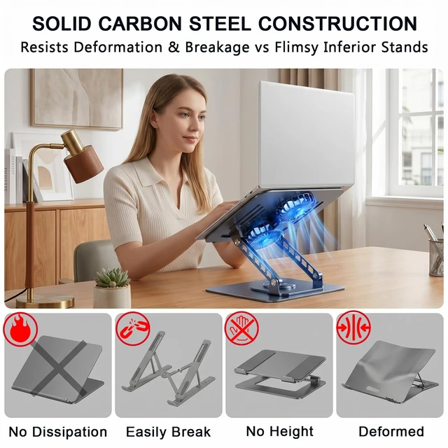 Alt view image 3 of 7 - Laptop Stand with Cooling Fan, 360° Rotating Base Aluminum Laptop Riser, Foldable Ergonomic Computer Stand for Desk, Height Adjustable Notebook & All Laptops Up to 17.3" (Black)
