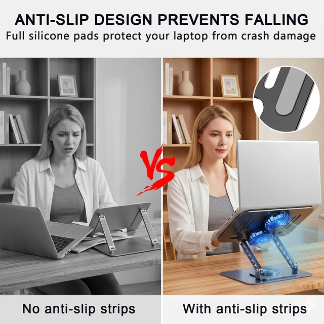 Alt view image 5 of 7 - Laptop Stand with Cooling Fan, 360° Rotating Base Aluminum Laptop Riser, Foldable Ergonomic Computer Stand for Desk, Height Adjustable Notebook & All Laptops Up to 17.3" (Black)