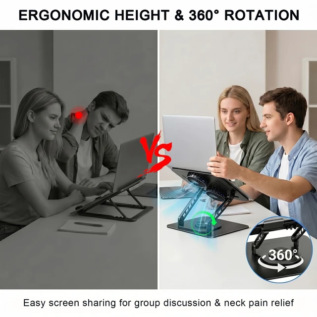 Alt view image 6 of 7 - Laptop Stand with Cooling Fan, 360° Rotating Base Aluminum Laptop Riser, Foldable Ergonomic Computer Stand for Desk, Height Adjustable Notebook & All Laptops Up to 17.3" (Black)
