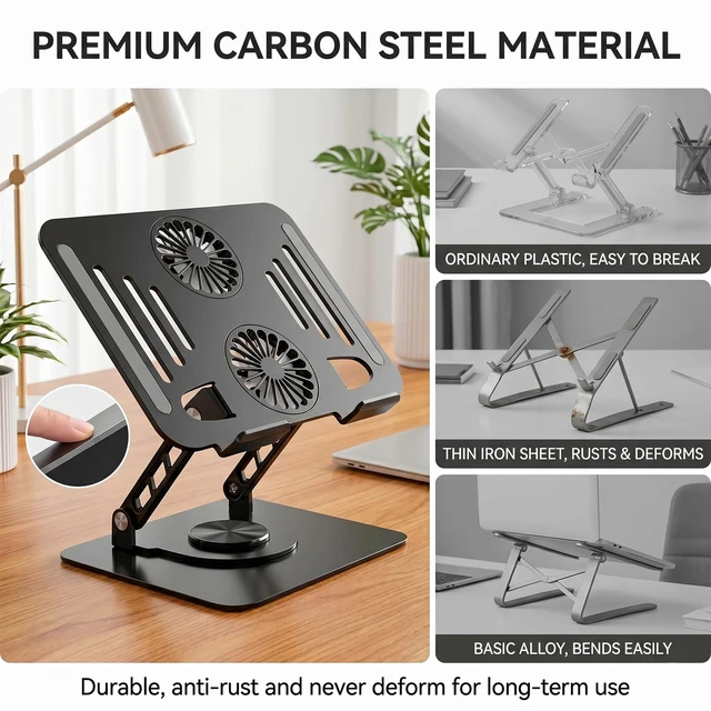 Alt view image 7 of 7 - Laptop Stand with Cooling Fan, 360° Rotating Base Aluminum Laptop Riser, Foldable Ergonomic Computer Stand for Desk, Height Adjustable Notebook & All Laptops Up to 17.3" (Black)