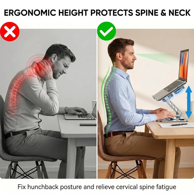 Alt view image 2 of 7 - Laptop Stand with Cooling Fan, 360 Rotating Base Aluminum Laptop Riser, Foldable Ergonomic Computer Stand for Desk, Height Adjustable Notebook for All Laptops up to 17.3" (Silver)