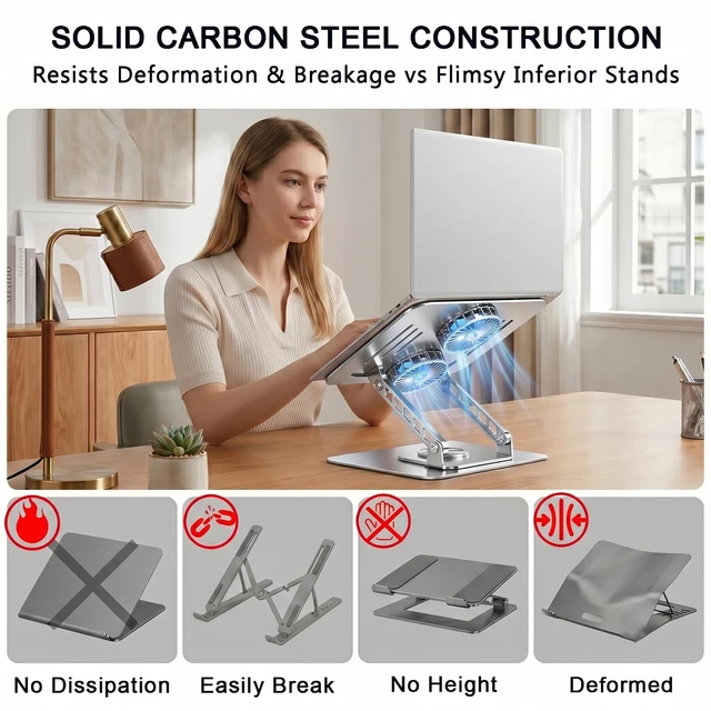 Alt view image 4 of 7 - Laptop Stand with Cooling Fan, 360 Rotating Base Aluminum Laptop Riser, Foldable Ergonomic Computer Stand for Desk, Height Adjustable Notebook for All Laptops up to 17.3" (Silver)