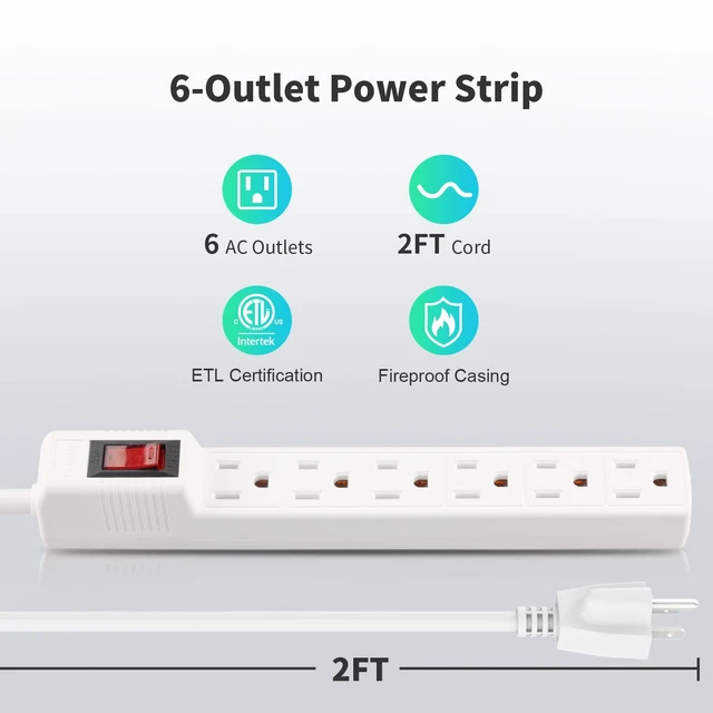 Alt view image 2 of 7 - Power Strip Surge Protector 2-Pack - 6 Outlets & 2 Ft Extension Cord, 1875W/15A 90 Joules, Overload & Surge Protection, Wall Mount for Home Office, ETL Listed White