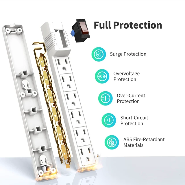 Alt view image 3 of 7 - Power Strip Surge Protector 2-Pack - 6 Outlets & 2 Ft Extension Cord, 1875W/15A 90 Joules, Overload & Surge Protection, Wall Mount for Home Office, ETL Listed White