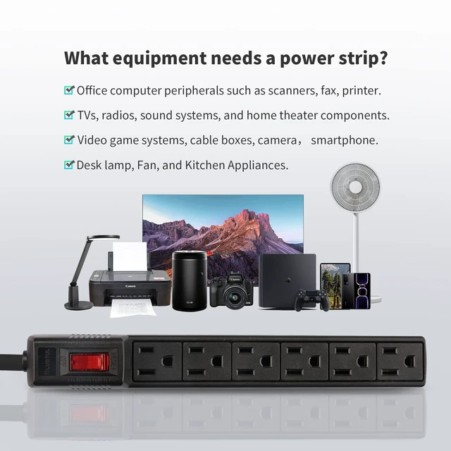 Alt view image 7 of 7 - Power Strip Surge Protector 2-Pack 6 Outlets & 2 Ft Extension Cord, 1875W/15A 90 Joules, Overload & Surge Protection, Wall Mount for Home, ETL Listed Black