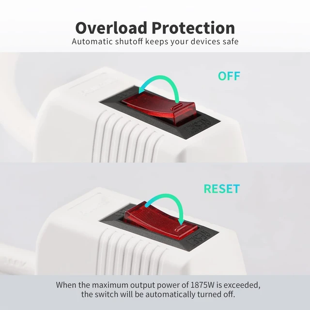 Alt view image 6 of 7 - Power Strip Surge Protector 2-Pack - 6 Outlets & 2 Ft Extension Cord, 1875W/15A 90 Joules, Overload & Surge Protection, Wall Mount for Home Office, ETL Listed White